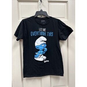 Peyo Smurf T-Shirt Adult Small Black Graphic Print Let Me Over Think This Tee